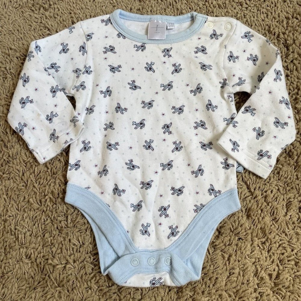 Jasper Conran Boys White Blue Airplane Long Sleeve One Piece Snap Size 6-9 month